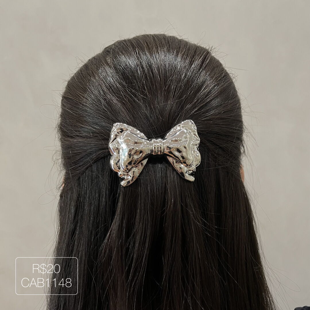 Hair Clip Laço Orgânico Liso Prateado